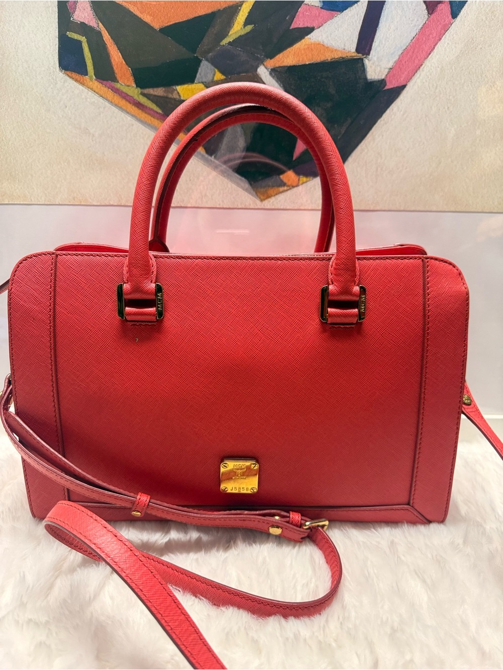 MCM-10091305 Orange Leather Satchel Handbag Crossbody